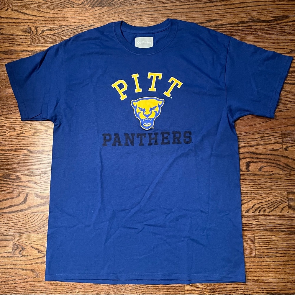 NWOT Pittsburgh Pitt Panthers Blue Yellow Logo Spellout T-Shirt - Size Large